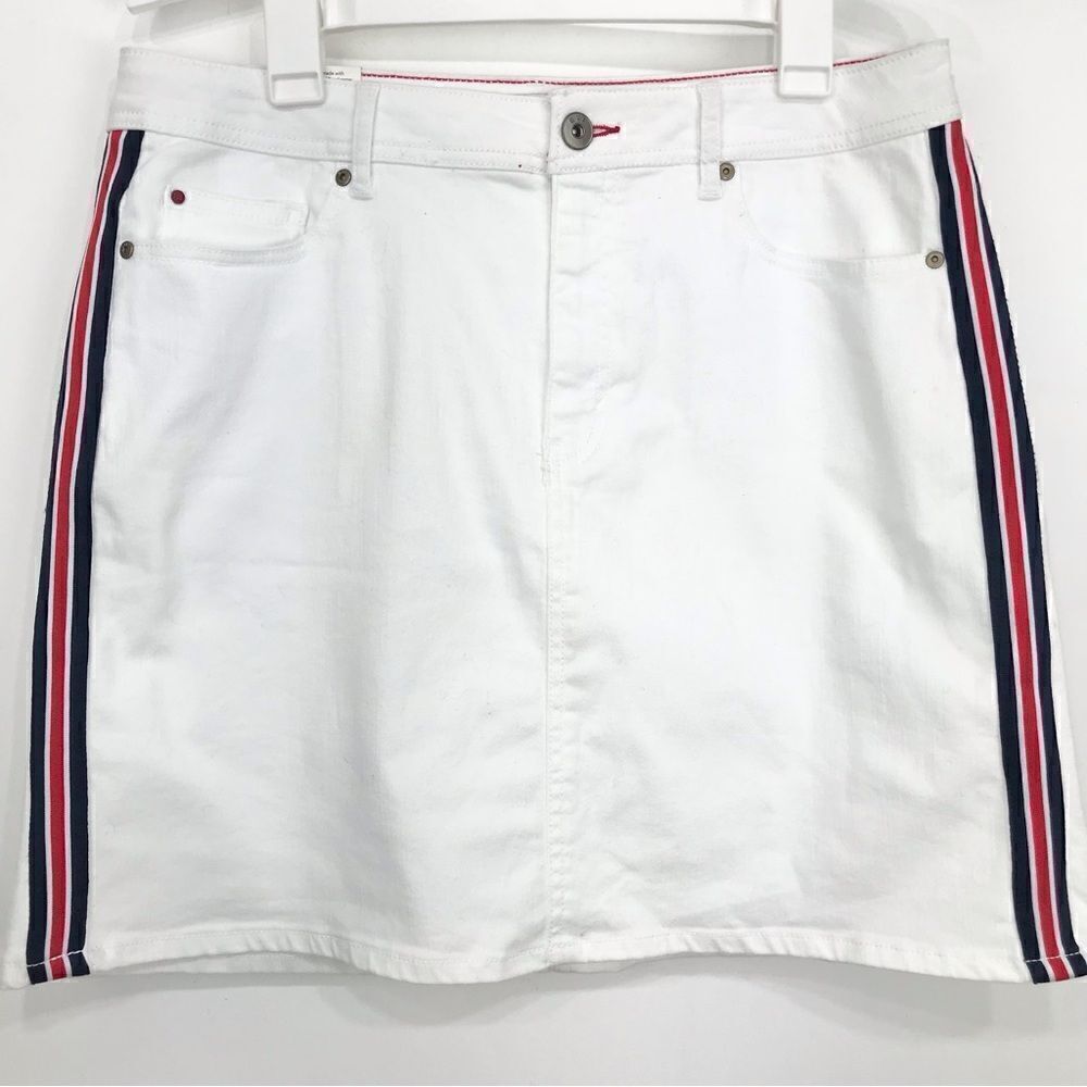 EV1 ALEX Relaxed Vintage White Denim Mini Skirt with Red White Blue Side Trim